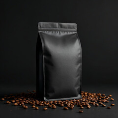 A coffee concept prepared for mockup, with a matte black coffee package and coffee beans on dark background	