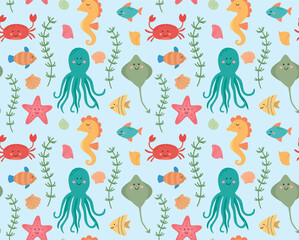 Seamless pattern with cute sea underwater characters. Colorful background with ocean animals, shells and plants.