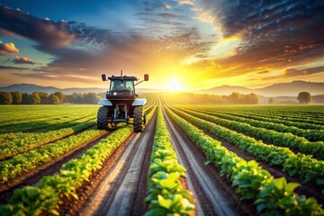 Obraz premium Compact Autonomous Farming Robot Navigating Dirt Road Between Lush Crop Rows, Showcasing Modern Agricultural Machinery and Innovative Farming Technology in Action