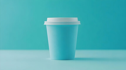 Light blue disposable coffee cup with white lid on a blue background.