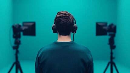 Person with headphones in a turquoise studio setting.