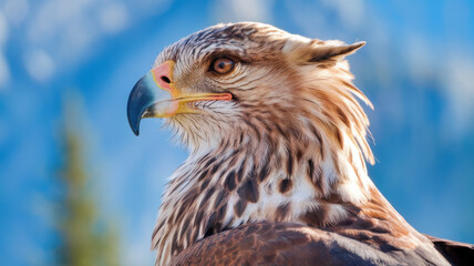 Obraz premium A majestic adult hawk with rich brown and golden plumage, perched against a stunning blurred mountain backdrop, showcasing its sharp eyes and strong beak.