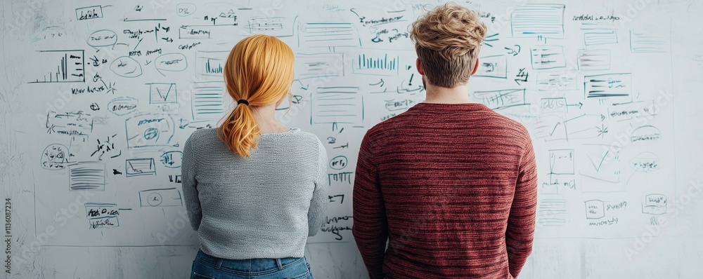 Poster two people analyzing data on a wall filled with notes.