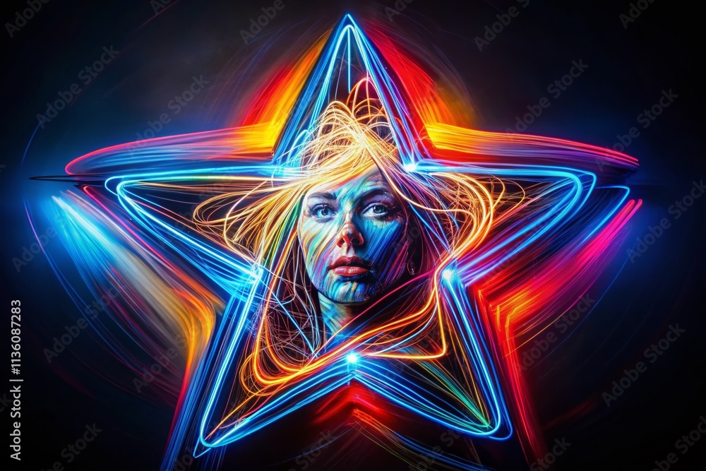 Poster continuous line art of a star in self-drawn animation style for creative portrait photography projec