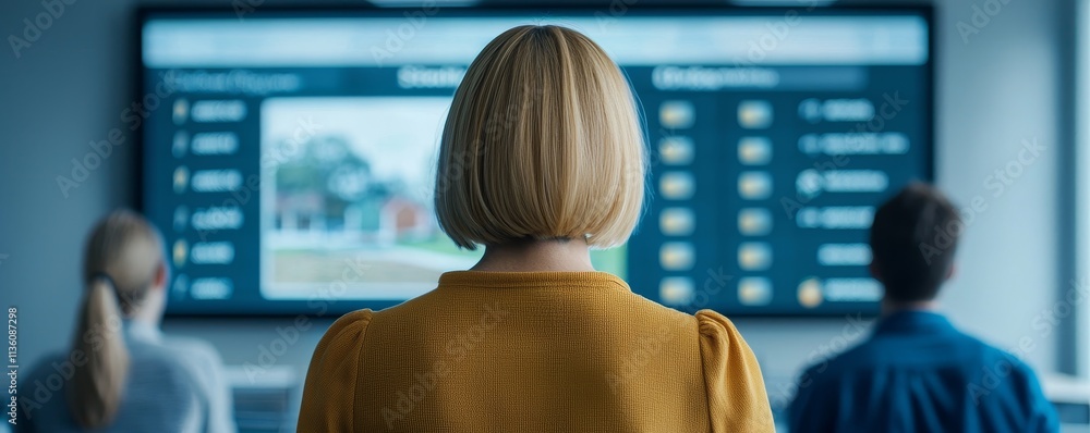 Poster viewers observing digital content on a large screen display.