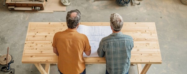 Two men reviewing plans on a wooden table in a workshop.