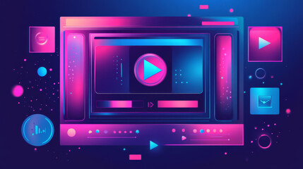 Live streaming background, online multimedia player windows and buttons. User interface pink and blue colors. Social media channel, video blogging broadcasting live stream, Cartoon vector illustration