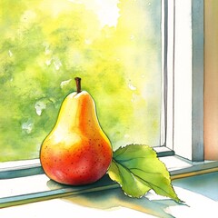 Vibrant Watercolor Pear on Window Ledge with Fall Foliage