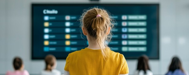 Woman viewing digital display in a classroom setting.