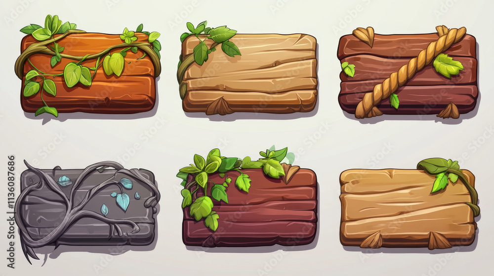 Poster wooden game buttons, menu interface made of wood textured boards with ropes and vines. ui or gui gra