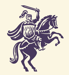 Fototapeta premium Knight with sword on rearing horse, emblem. Warrior, royal symbol. Hand drawn vector illustration