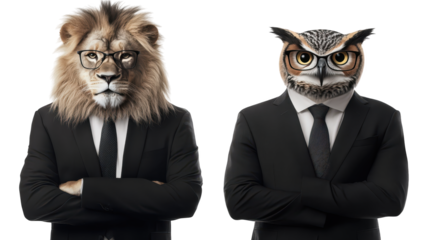 Intrigue and mystery, two men in suits, one with an owl mask, pose in a dramatic portrait