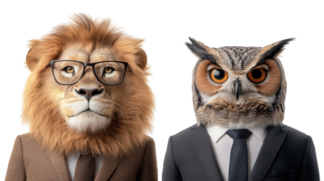 Dapper gentleman and a bespectacled lion, surreal portrait of contrasting worlds