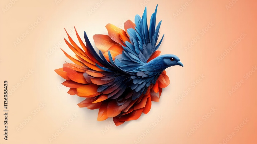 Poster colorful abstract bird with vibrant feathers and petals on a soft gradient background