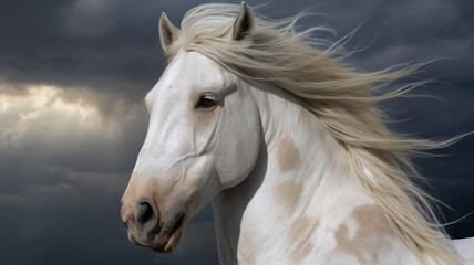 Obraz premium A majestic white horse with flowing mane stands against a dramatic dark sky, embodying grace and strength in a captivating moment.