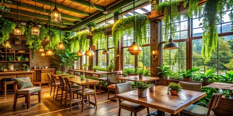 Fototapeta premium Cozy Cafe Interior with Hanging Green Plants and Wooden Furniture Overlooking Nature in Soft Low Light