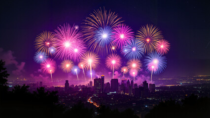 Welcome the New Year with breathtaking fireworks! Explosions of vivid colors illuminate the night sky, casting a magical glow over a cityscape. Celebrate new beginnings in a stunning visual spectacle.