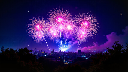 Welcome the New Year with breathtaking fireworks! Explosions of vivid colors illuminate the night sky, casting a magical glow over a cityscape. Celebrate new beginnings in a stunning visual spectacle.