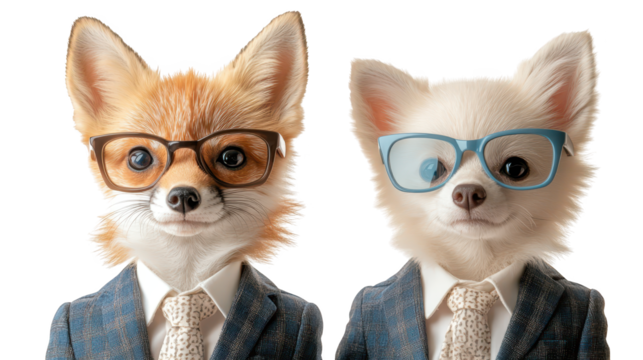 Dapper canine duo, two adorable dogs in suits and glasses strike a pose