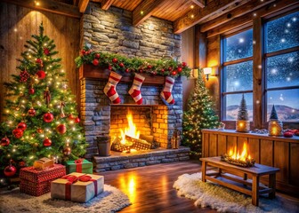 Fototapeta premium Cozy Holiday Fireplace Drone Photography Background - Winter Wonderland Fireside Scene
