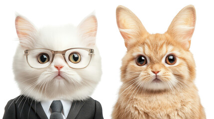 Sophisticated feline duo, two cats in suits and glasses strike a pose 
