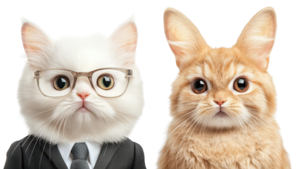 Sophisticated feline duo, two cats in suits and glasses strike a pose 
