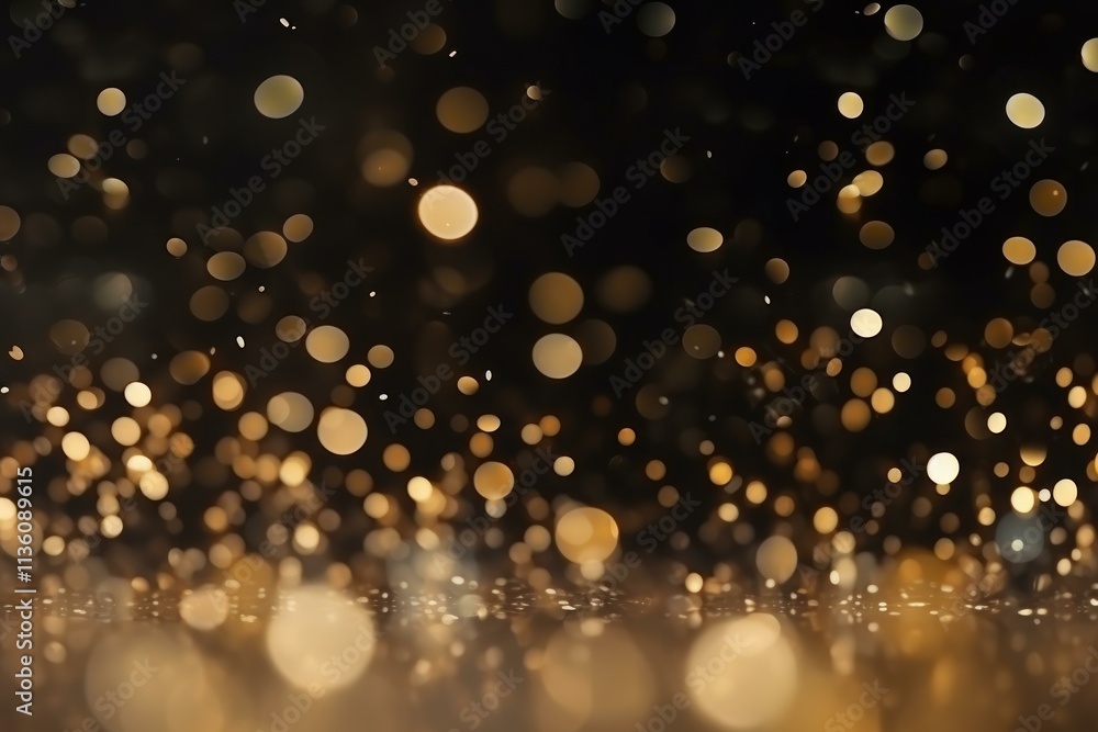 Poster golden particles floating and creating bokeh effect on a black background, perfect for festive proje