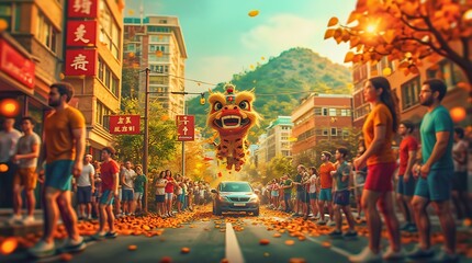 Fototapeta premium Vibrant Chinese Dragon Decorates a City Street at Sunset, Generative AI