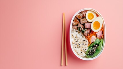 Colorful healthy bowl of asian cuisine minimalist setting food photography vibrant colors top view culinary art