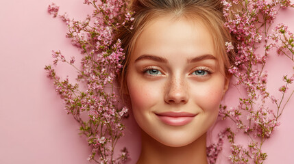 Naklejka premium A young woman with a calm smile poses gracefully, her hair adorned with small pink flowers against a gentle pastel backdrop, creating a serene atmosphere.
