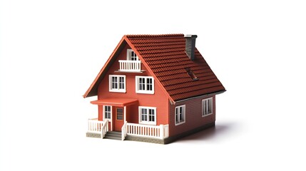 Modern Red Brick House Model with Balcony and Porch Front View on White Background : Generative AI