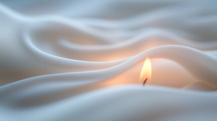 Candle flame glows amid wavy white fabric folds.