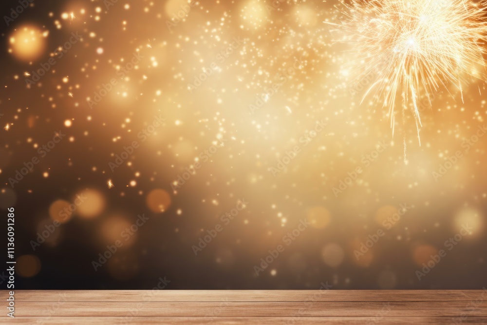 Aufkleber festive background featuring fireworks exploding over a wooden table with sparkling golden bokeh lig