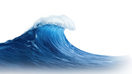 A large, cresting ocean wave with vibrant blue hues and a frothy white top.
