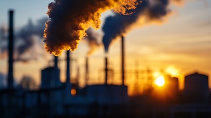 Obraz premium Industrial Factory Air Pollution with Smokestacks at Sunrise : Generative AI