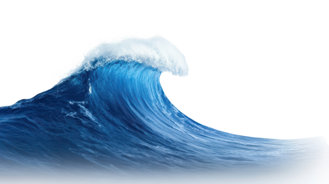 A large, cresting ocean wave with vibrant blue hues and a frothy white top.