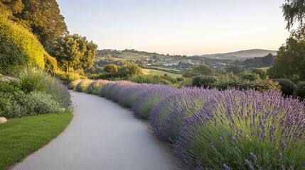Serene Lavender Path Rolling Hills Landscape Summer Sunset