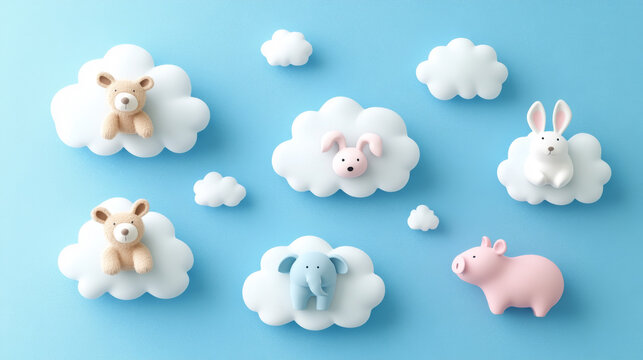 Cloud animals, realistic fluffy eddies in shape of cute rabbit, bear, elephant and pig with chick and snail flying on blue transparent background, weather and nature kids design elements 3d vector set
