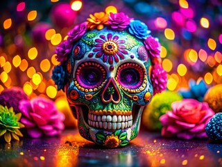 Cute Day of the Dead Sugar Skull Painting, Colorful Calavera, Mexican Holiday Art, Festive Skull Illustration
