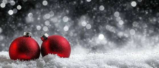 Sparkling Red Christmas Ornaments Resting on Fresh Snow