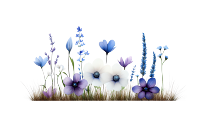 A vibrant arrangement of colorful flowers, showcasing various shapes and sizes, predominantly in shades of purple and white.