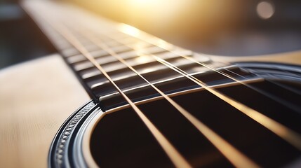 Obraz premium Close up of acoustic guitar strings with warm sunlight background : Generative AI
