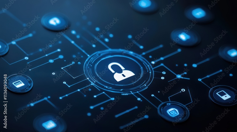 Aufkleber abstract digital security concept with lock symbol and network connections in dark background