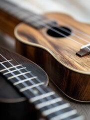 Fototapeta premium Close Up of Polished Exotic Ukuleles with Wooden Grains and Musical Strings : Generative AI