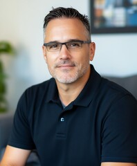 Confident middleaged man with glasses wearing a dark polo shirt in modern office : Generative AI