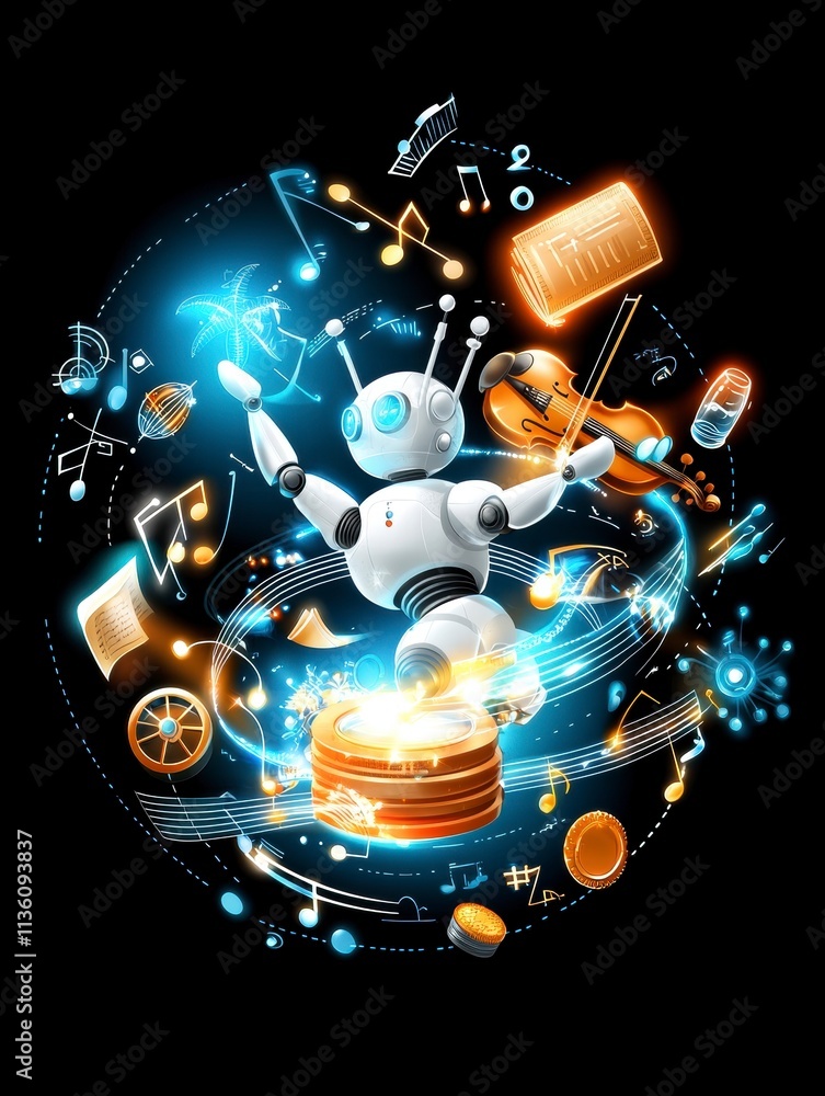 Poster musical robot in a whirlwind of notes and instruments.