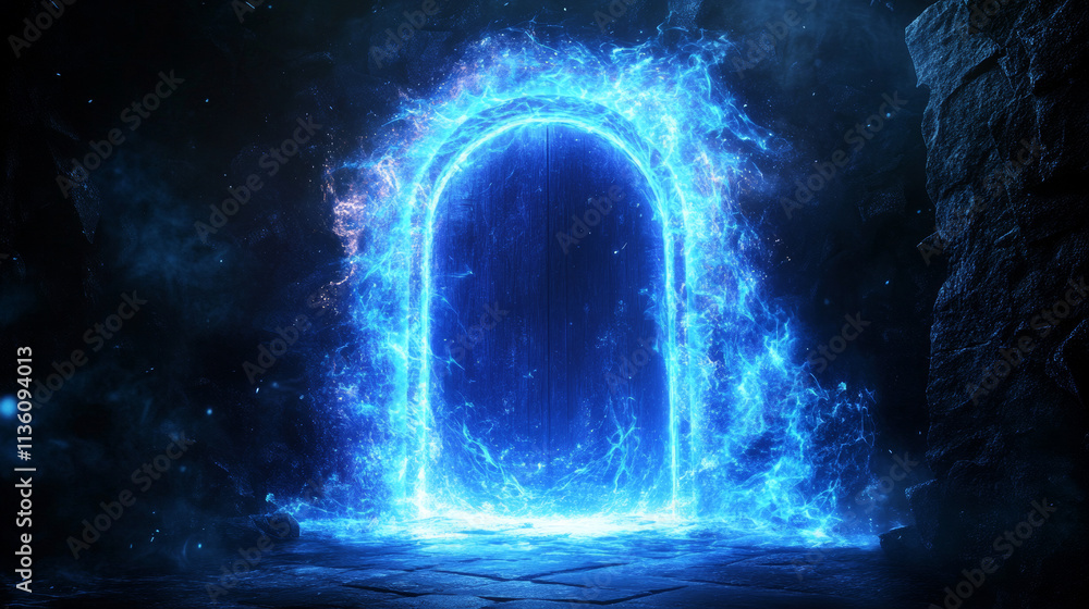 Poster blue glowing neon game portal - realistic vector illustration of futuristic teleport podium for game