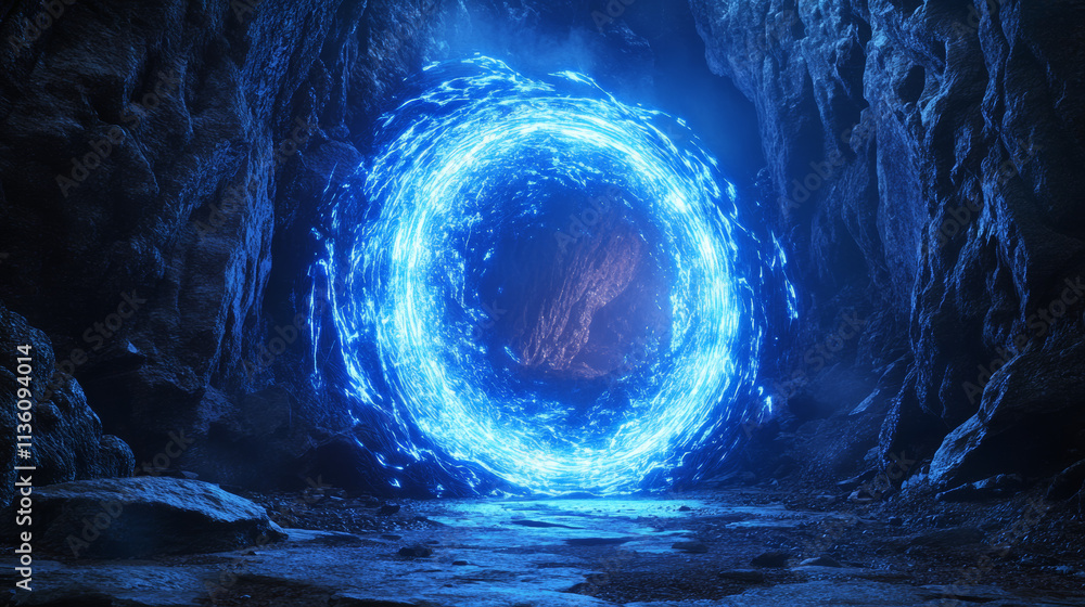 Poster blue glowing neon game portal - realistic vector illustration of futuristic teleport podium for game