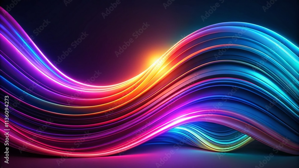 Poster dark abstract composition featuring vibrant neon curves on the left side with ample copy space for c