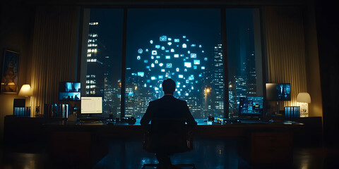 Man in office at night, looking at city skyline with digital data overlay.